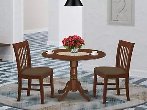 3pc dinette kitchen dining set round pedestal table w/ 2 padded chairs mahogany - Picture 1 of 12