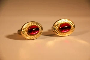 vintage garnet and gold tone cufflinks oval face moiré pattern decoration "A" - Picture 1 of 3