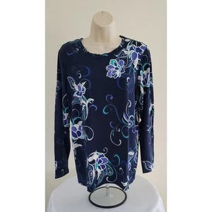 CHICOS Navy Touch of Cool Blossoms Floral Knit Long Sleeve Top -- Sz 2/Lg - Picture 1 of 7