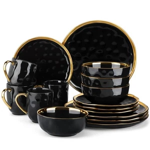 16pcs Dinner Set Black Ceramic Round Tableware Glaze Gold Edge Plates Bowls Mugs - Picture 1 of 7