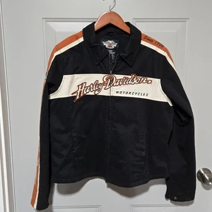 Harley Davidson Black Orange Embroidered Motorcycle Jacket Womens Xlarge - Picture 1 of 14