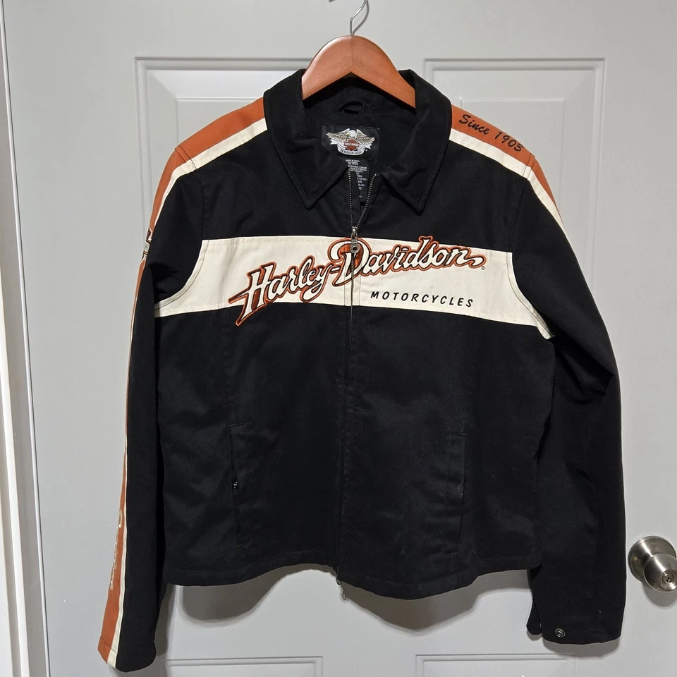 Harley Davidson Black Orange Embroidered Motorcycle Jacket Womens Xlarge - Image 1 of 4