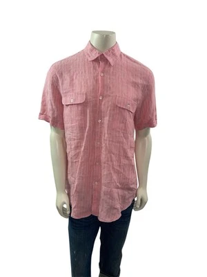 Perry Ellis Men’s Size Large Short Sleeve Pink White Linen Button Down Shirt - Image 1 of 4