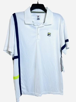 Fila Polo Shirt Mens Large White Navy Singles Performance UPF 50+ Tennis Golf - Image 1 of 4