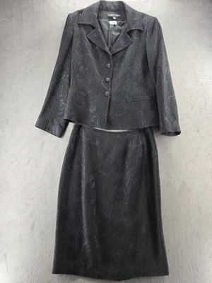 Albert Nipon Women's Skirt Jacket 2-Piece Suit Set  Black Wool Blue Accents 12 - Image 1 of 4