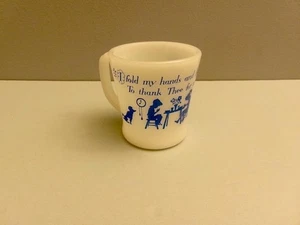 VINTAGE FIRE KING MILK GLASS BLUE PRINT CHILDS PRAYER MUG UNUSED - Picture 1 of 8