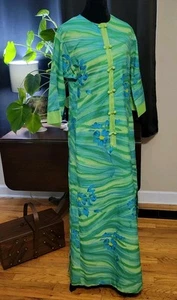 Vintage Kiyomi Hawaii Liberty House Green Maxi Tiki Dress Sz 8 - Picture 1 of 12