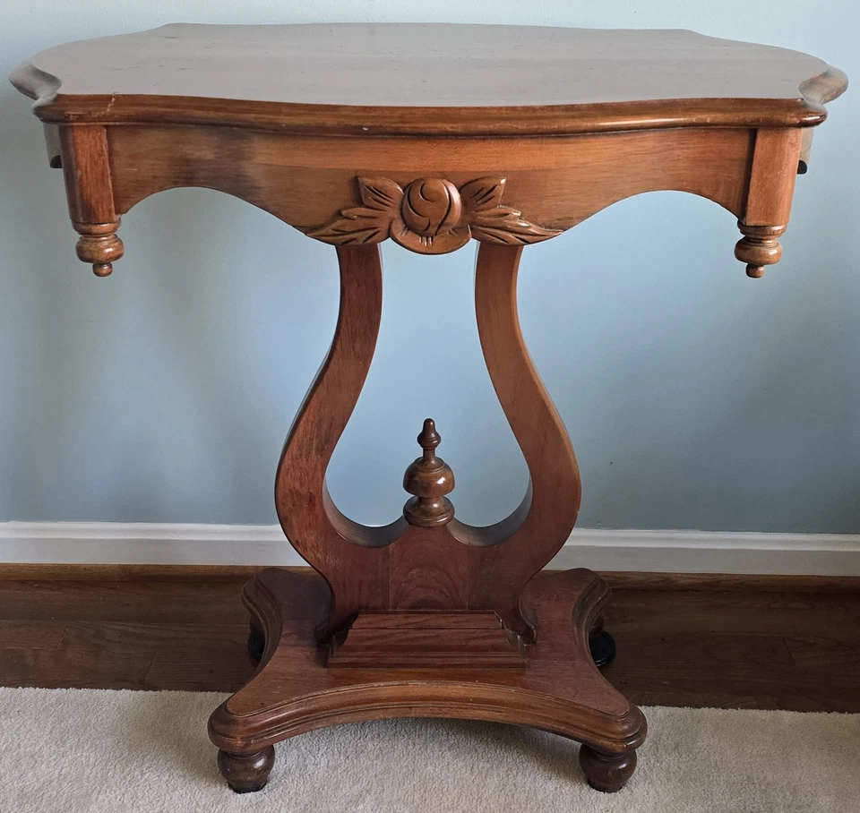 Mid Century Cherry Lyre Base End Table / Side Table 28"×20"×29"h Antique VTG - Image 1 of 4
