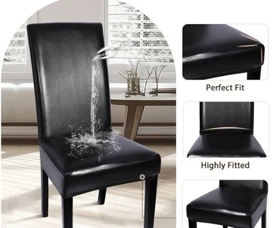 餐椅套,实心聚氨脂合成革防水防油弹力 4 件装黑色 — 第 1/2 张图片