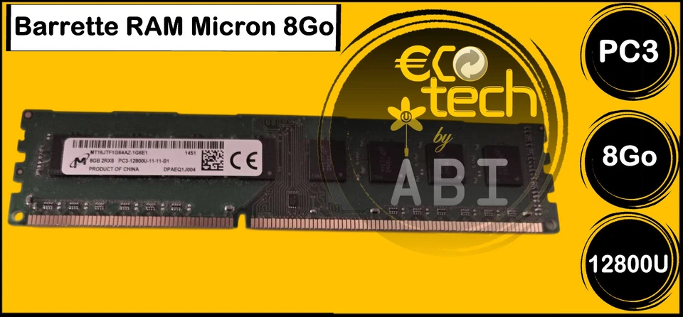 ### PROMO ###  Barrette Mémoire RAM Micron 1 x 8Go DDR3 PC3-12800U (DDR-3 1600) - Photo 1/1