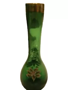 Bohemian Czech Glass Bud Vase - Hand Painted - Green with Gold Trim - Picture 1 of 2