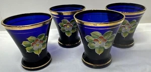 4 Vintage Cute Cobalt Blue Gold Gild Hand-Painted Flowers Shot Glass - Picture 1 of 11