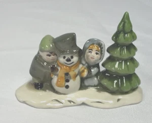 Christmas Village Hand Painted Ceramic Snowman Boy & Girl 5" x 3.25 Vintage - Picture 1 of 10