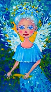 Cartoon Angel Acrylic Painting - Yellow & Blue Ukrainian Flag Colors - Art - Picture 1 of 9