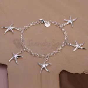 Attractive Dangling Five Starfish Pendant 925 Sterling Silver Charm Bracelet UK - Picture 1 of 9