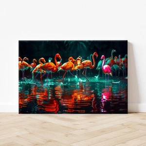 Arte de pared nocturno Flamencos Tropical Laguna Lienzo sin marco/enmarcado - Imagen 1 de 7