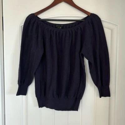 Theory Blue Merino Wool Ribbed Cold Shoulder 3/4 Puff Sleeve Sweater Women Large - Image 1 of 4