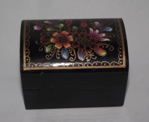 Vintage handcrafted black painted toleware flowers floral trinket jewelry box ~J - Picture 1 of 9