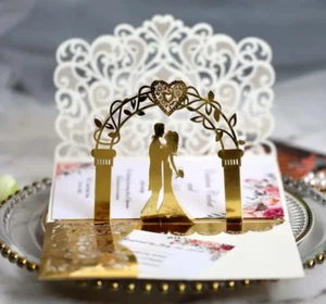 10 Trifold Bride Groom & Arch 3D Pop Up Laser Cut Wedding Invitation Cards/RSVP - Picture 1 of 13