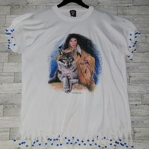 T-shirt maglietta grafica vintage anni 80 lupo ragazza nativa con perline blu taglia XXL - Foto 1 di 7