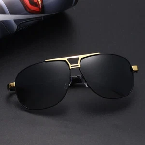 Polarized Sunglasses Aviators Pilot Polarised Sun Glasses Black Gold Mens UV400 - Picture 1 of 17