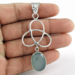 Pendente In Argento Sterling 925 Con Gemma Ovale In Calcedonio Fatto A Mano - Foto 1 di 5