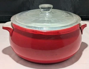 Vintage Hall's Superior Quality Kitchenware 7" Red Handled Crock & Clear Lid - Picture 1 of 11