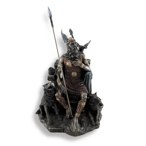 Bronzed Norse God Odin on Throne with Ravens and Wolves Statue - Picture 1 of 4
