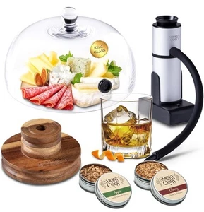 Essen & Trinken Smoker Set mit Rauchpistole, 8" Cloche Glaskuppel, Akazie Cocktail Top - Bild 1 von 11