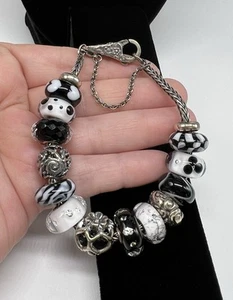 Trollbeads 925 Sterling Silver Bracelet Black & White Theme 8” ALL TROLLBEAD - Picture 1 of 15