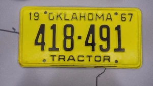 Oklahoma License Plate 1967 Tag # 418-491 Black/Yellow Tractor Vintage GUC - Picture 1 of 1