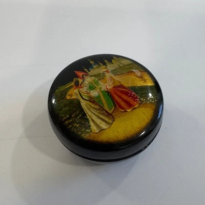 Vintage Hand Painted Round Trinket Box Russian Scene Collectible Art - Image 1 of 4