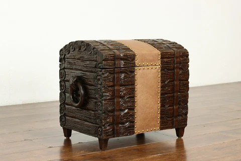 Swiss Carved Pine Antique Dowry Chest or Trunk, Leather & Brass Nailheads #40219 Cover