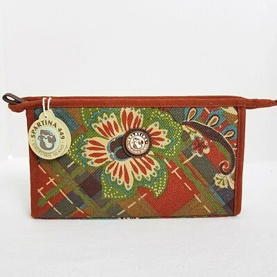 Spartina 449 Cosmetic Travel Bag "Gracie" Linen & Leather Plaid/Floral~Vacation - Image 1 of 4