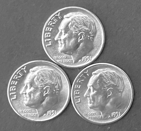 1951 P-D-S 10c SILVER Roosevelt Dime 3-Mint Set. CH GEM BU.   (R137) Cover