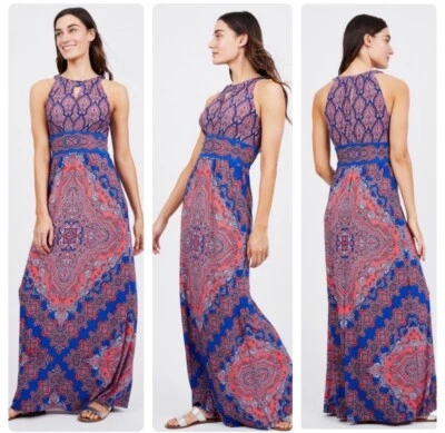 Maxi Vestido London Times Sin Mangas Talla 20W Escote Cerradura Diseño Naranja/Azul Foto 1 de 4