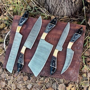 Damascus Steel Knife Set of 5 Custom Handmade Forged Chef Kitchen Fixed Blade - Picture 1 of 5