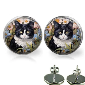 Black & White Tuxedo Cat Stud Earrings Flower Garden Impressionism Art Print - Picture 1 of 2