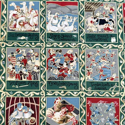 Nutex Fabric - Green & Gold 12 Days of Christmas Craft Fabric Material Material - Image 1 of 4