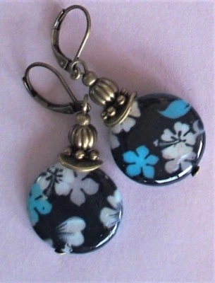 Pendiente negro Aqua Periwinkle MADRE PERLA BRONCE PALANCA ESPALDA artesanal XX Foto 1 de 4