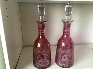 Vintage Pair Of Bohemian Cranberry Red Glass Decanters Oringnal Stoppers, C1980 - Picture 1 of 11