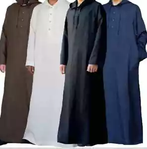 Arab Loose Gown Mens Long Sleeve Muslim Saudi Robe Islamic Thobe Kaftan Hooded - Picture 1 of 15