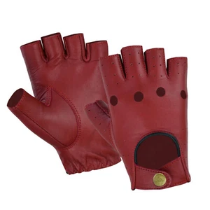 Fingerlose rote Lederhandschuhe Lammfell weich ungefüttert Fahren Messing Knopf KENFIT® - Bild 1 von 4