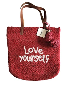 NWT Desigual "Love Yourself" European Large Tote Bag Natural Fibers Red $75 - Picture 1 of 9