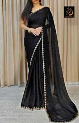 Traditional Wedding Pure Soft Satin Chiffon Saree,Indian Stylish Sari - Image 1 of 4