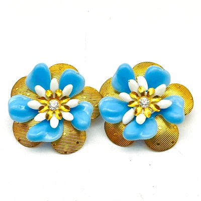 Pendientes Clip Floral Azul Tono Dorado Estrás Centro Naturaleza Botánico LEER Foto 1 de 4