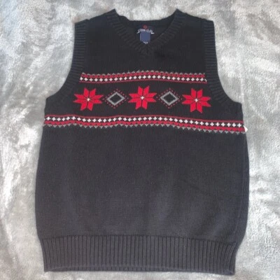 Мальчика размер 12-14 класса клуб черный свитер жилет праздник красный пуансеттия цветок EUC - Изображение 1 из 4