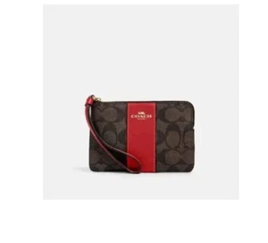 Coach Corner Zip Wristlet Signature Canvas Brown Red - Picture 1 of 4