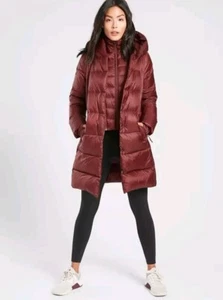 Athleta Lofty Goose Down Hooded Maple Burgundy Red Puffer Coat Zip Snap XS - Picture 1 of 17