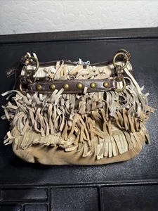 Authentic COACH #9155 Fringe Shoulder Bag Beige Suede Leather Brass Accents - Picture 1 of 13